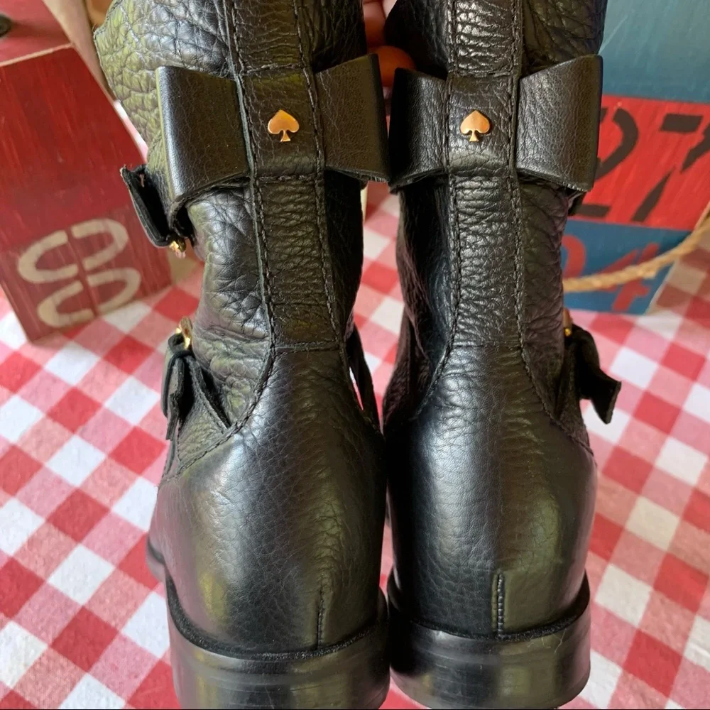 KATE SPADE Luxury Black Pebbled Leather Sabina Double Buckle Moto Boots, 7M